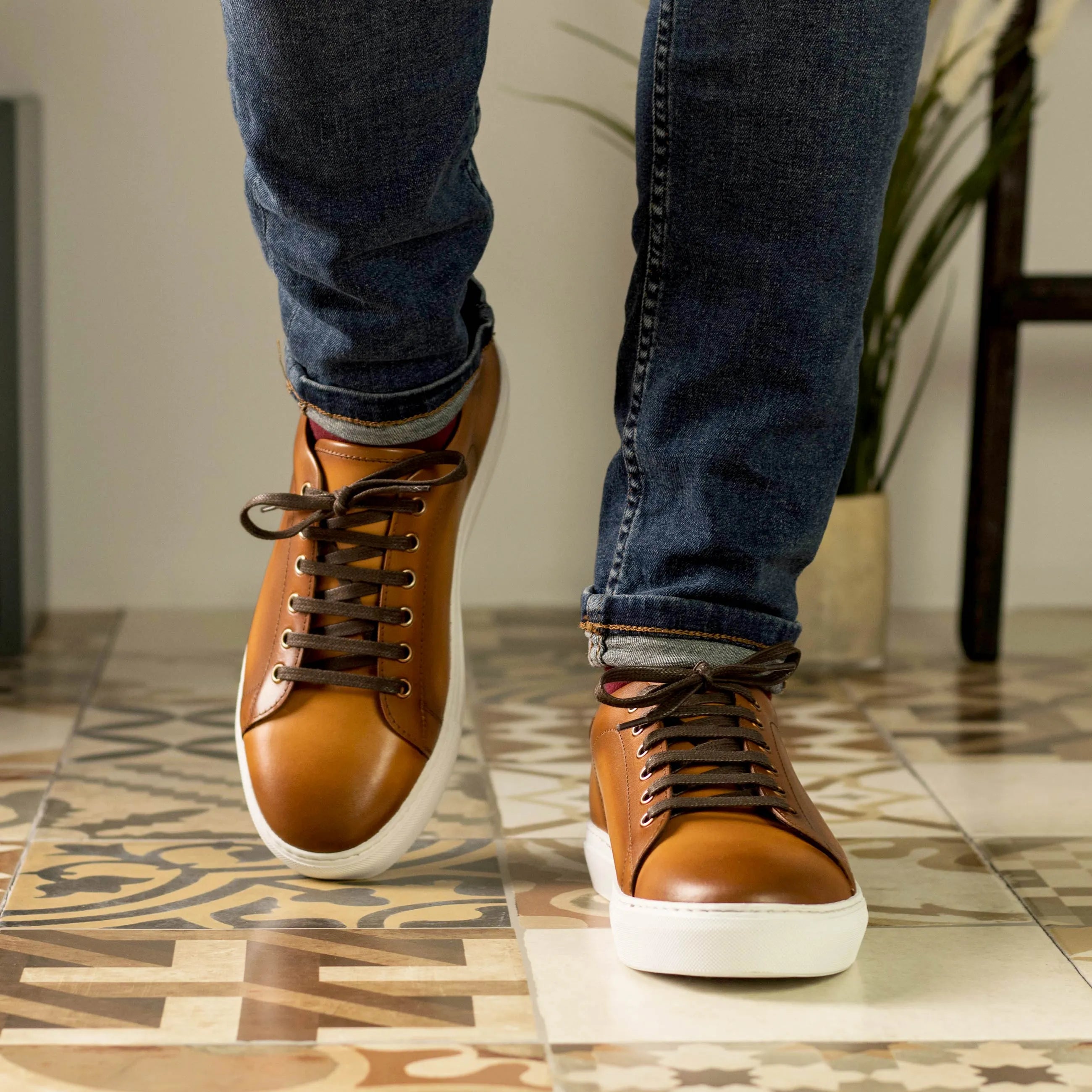 Lumin Trainer Sneaker: brown leather cupsole trainer with white soles