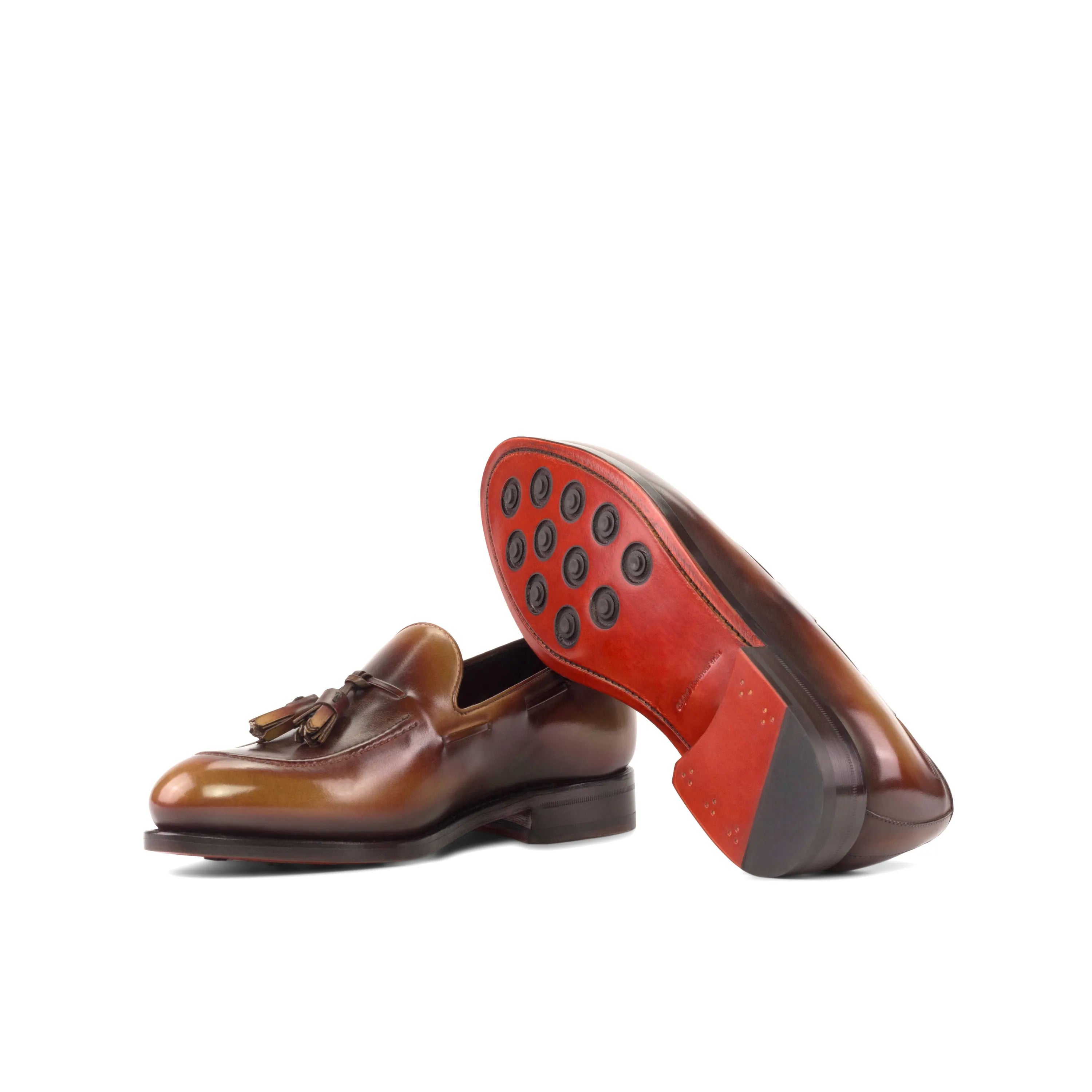 Morphias Patina loafers: brown leather tassel loafers with red soles
