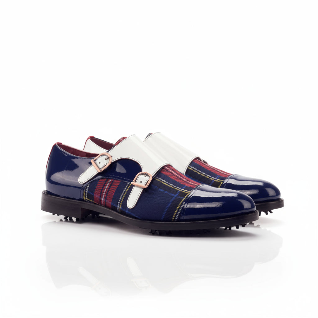 Nationals golf shoes II double monk two-buckle plaid calf leather