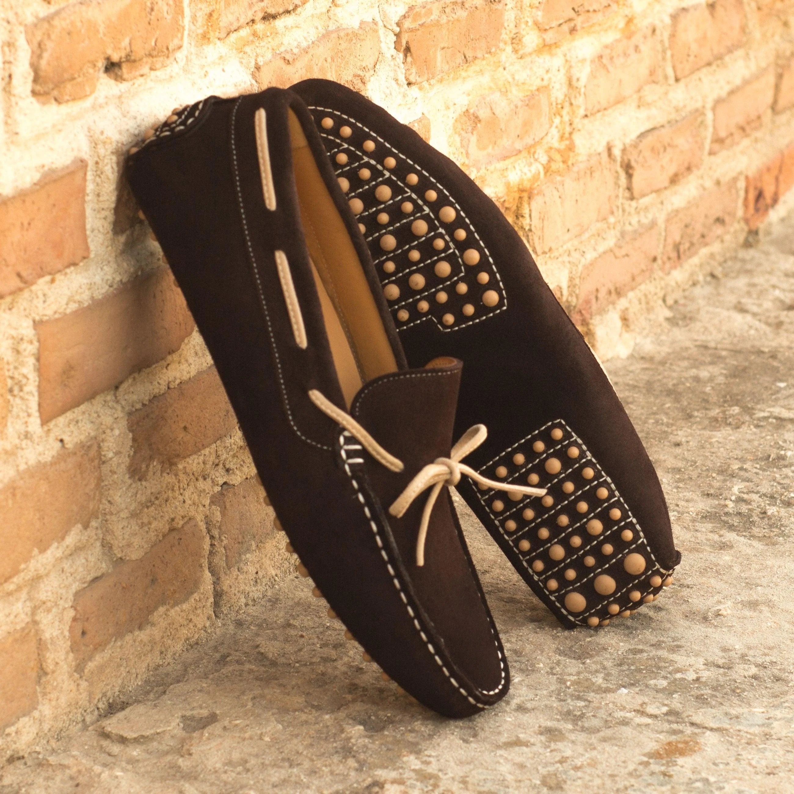 NY Driver II brown suede loafers with gold studs, tan laces