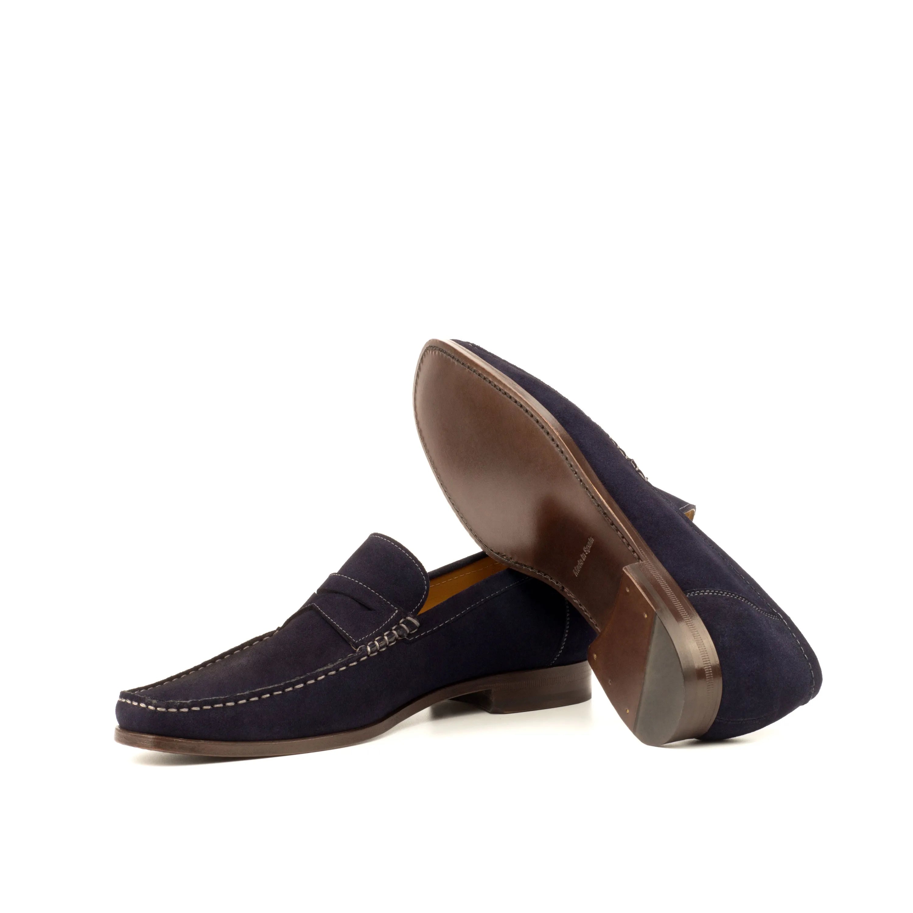 Navy suede Reverie Moccasin II penny loafers, luxury hand-painted patina shoes