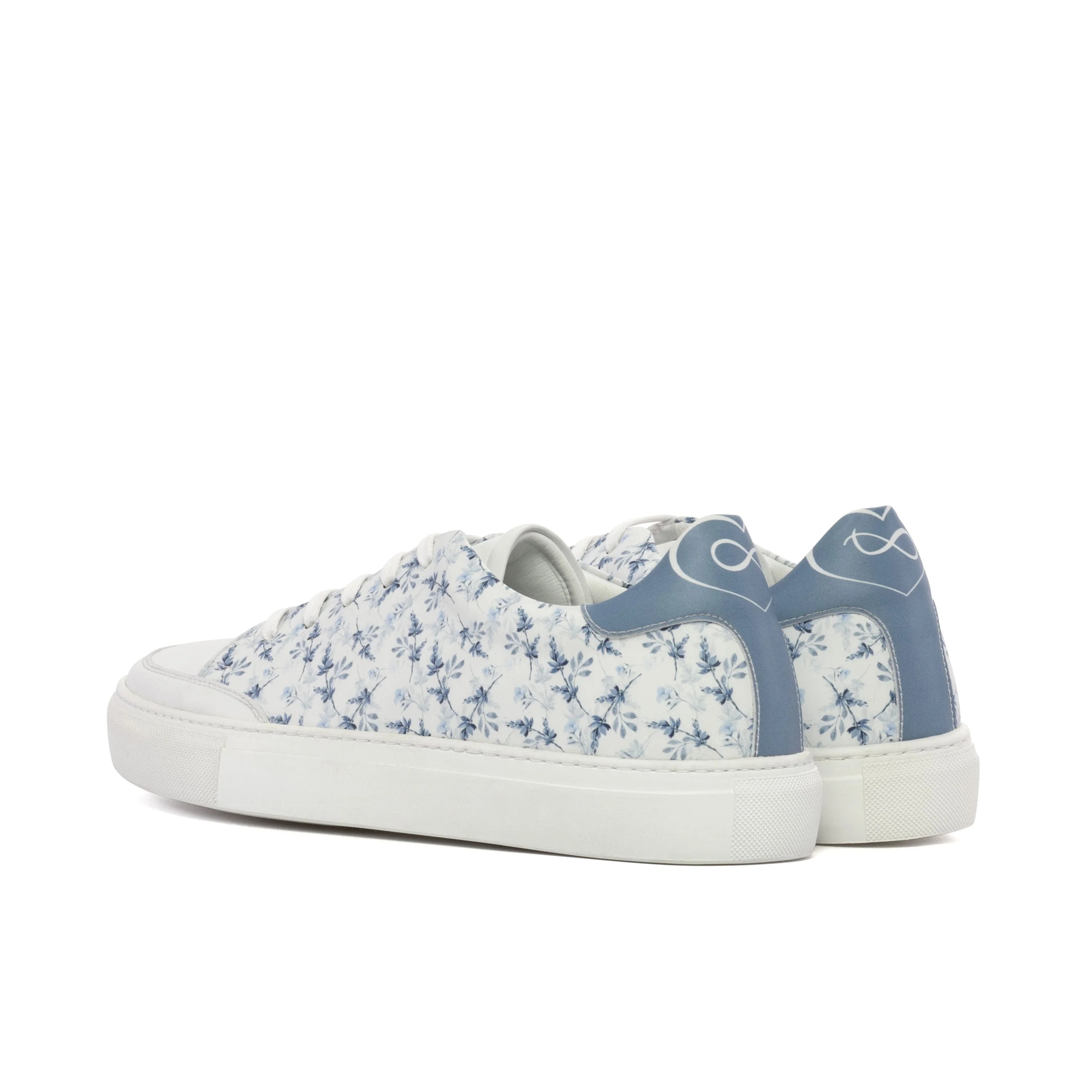 Solarisa unisex trainer in white calf leather casual shoes with blue floral pattern