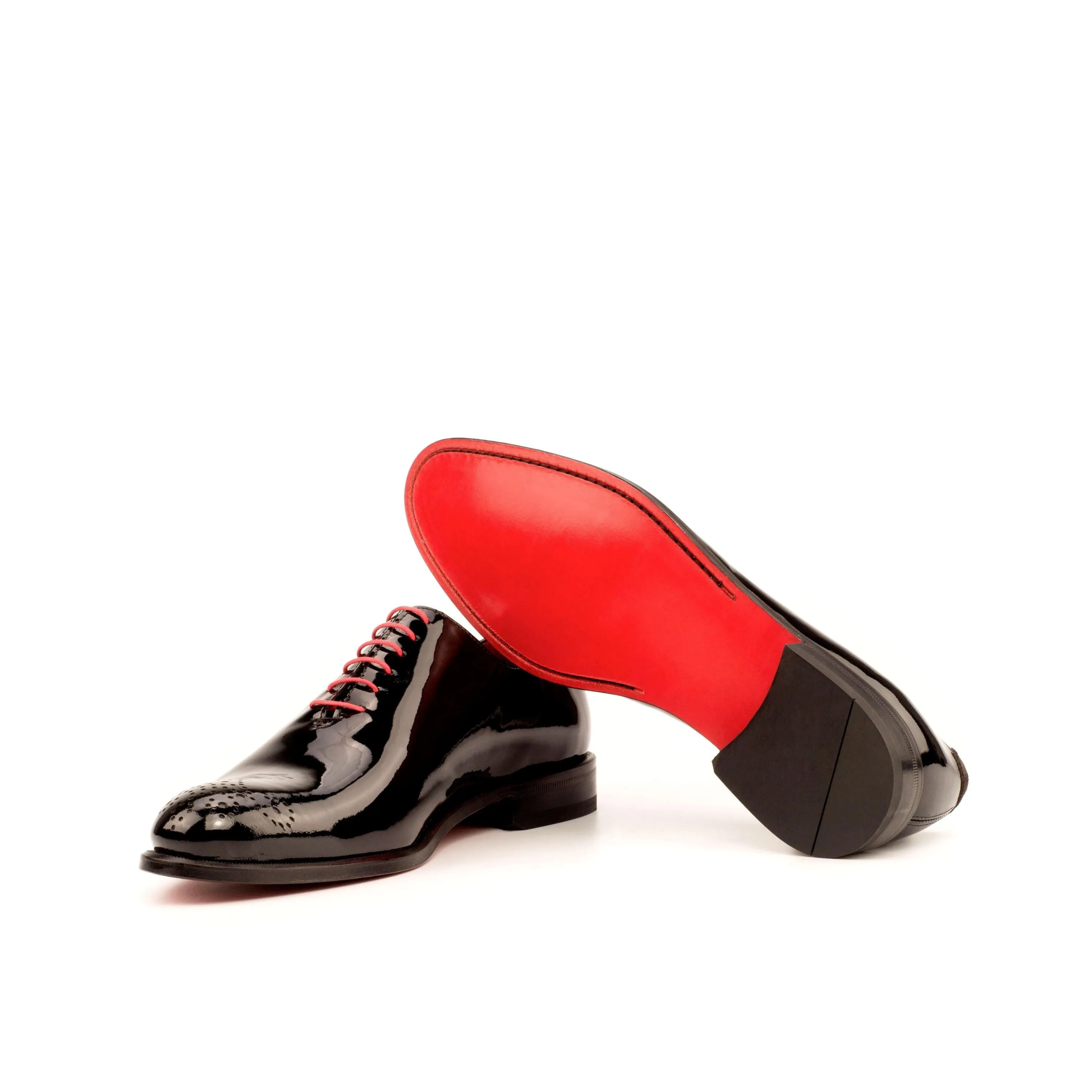 Tetawkin Whole Cut Shoes II: shiny black luxury bespoke shoes for men with red soles