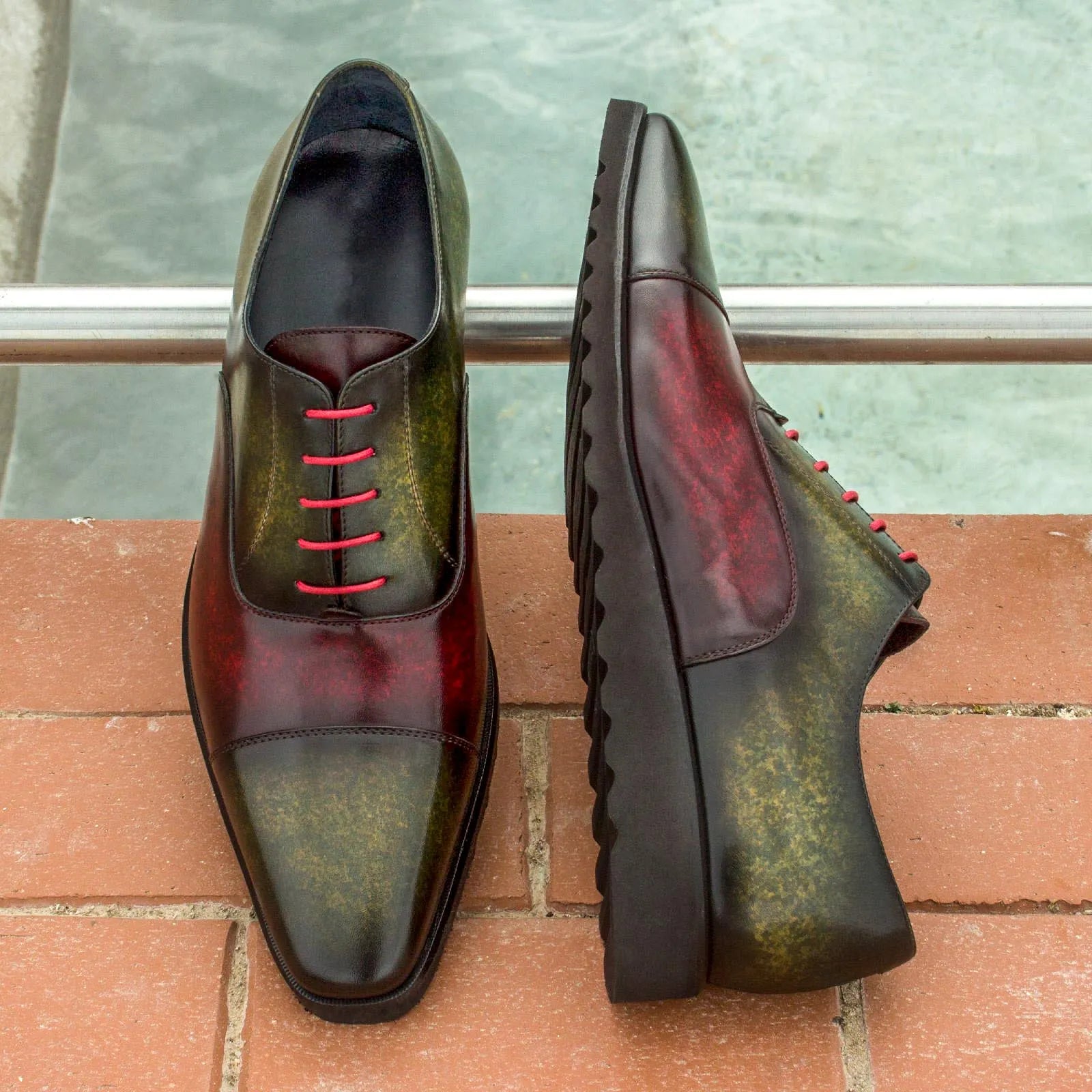 Tice Oxford patina shoes: two-toned leather dress shoes with red laces