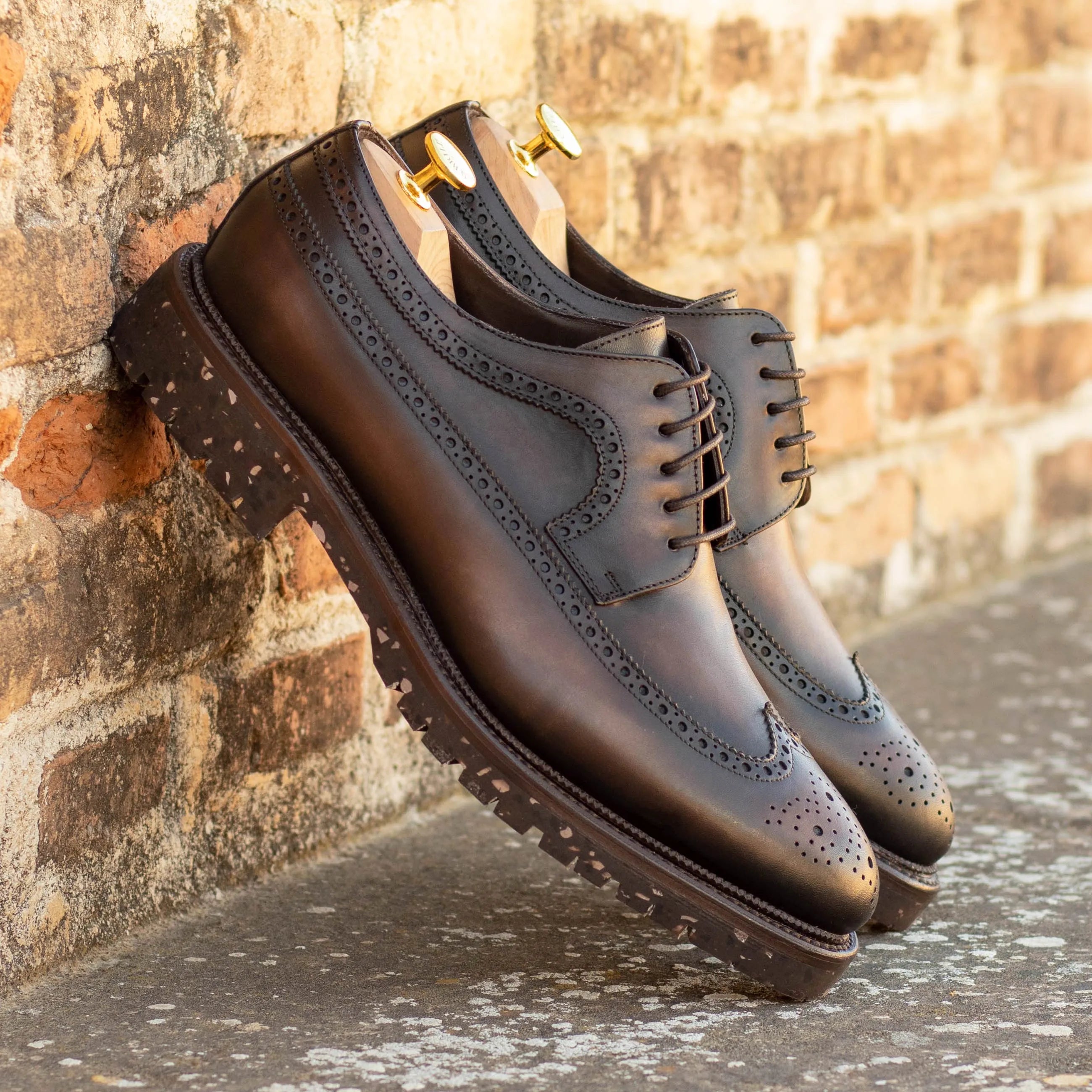 Pair of brown leather Vos Longwing Blucher brogue shoes