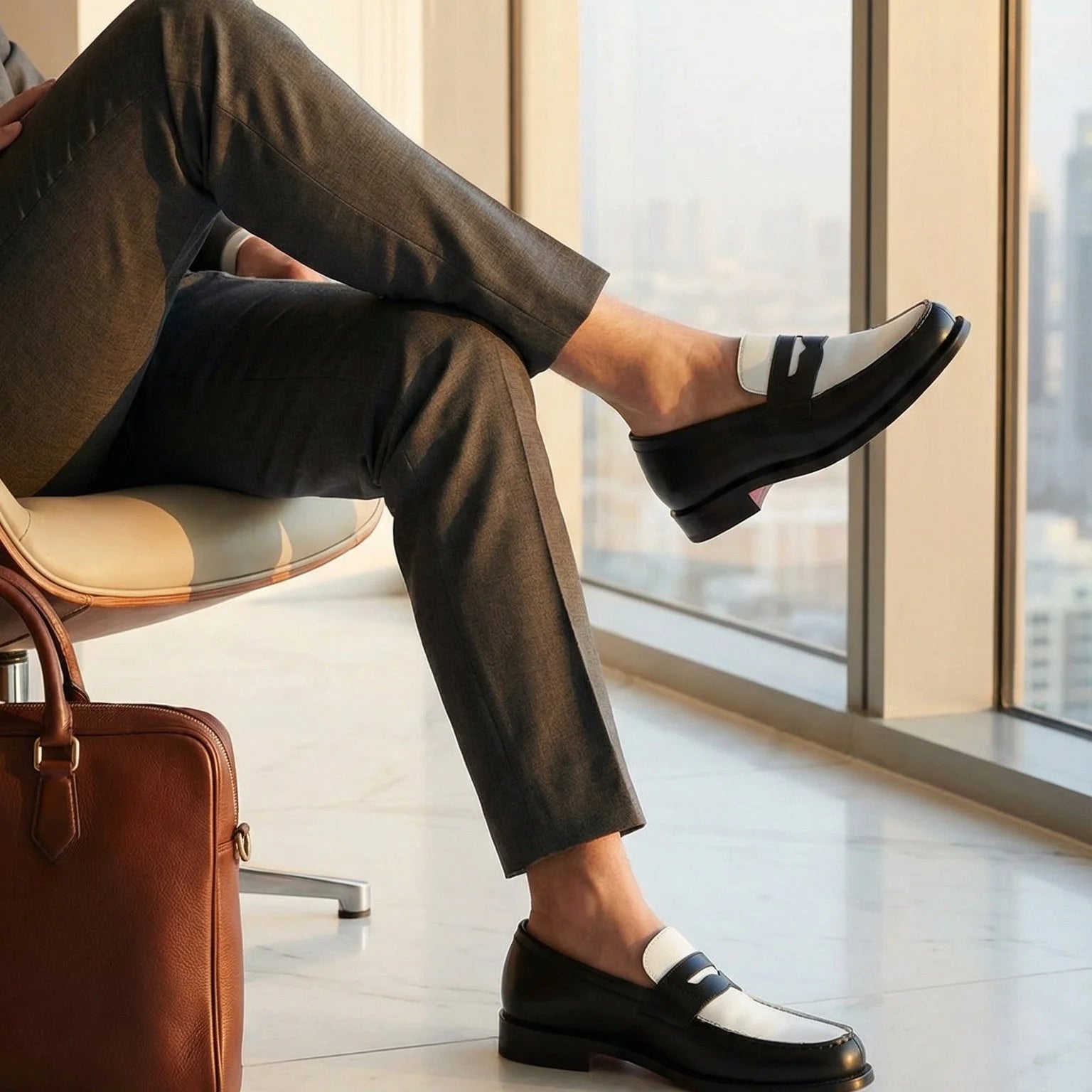 WednesdayOne penny loafers in luxe Italian calf leather, black and white two-tone design