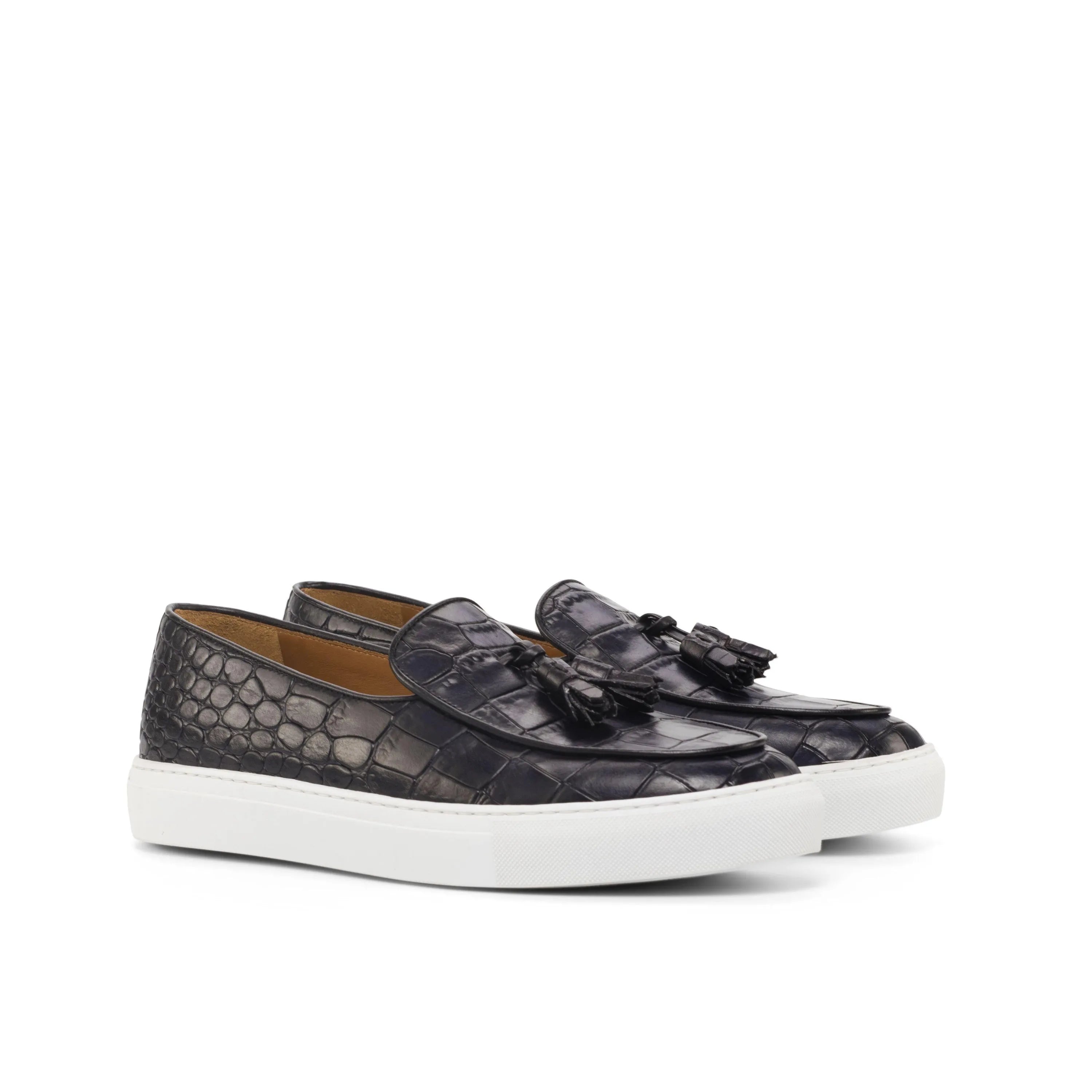 Xevia Belgian Monk Sneaker II black crocodile tassel loafers